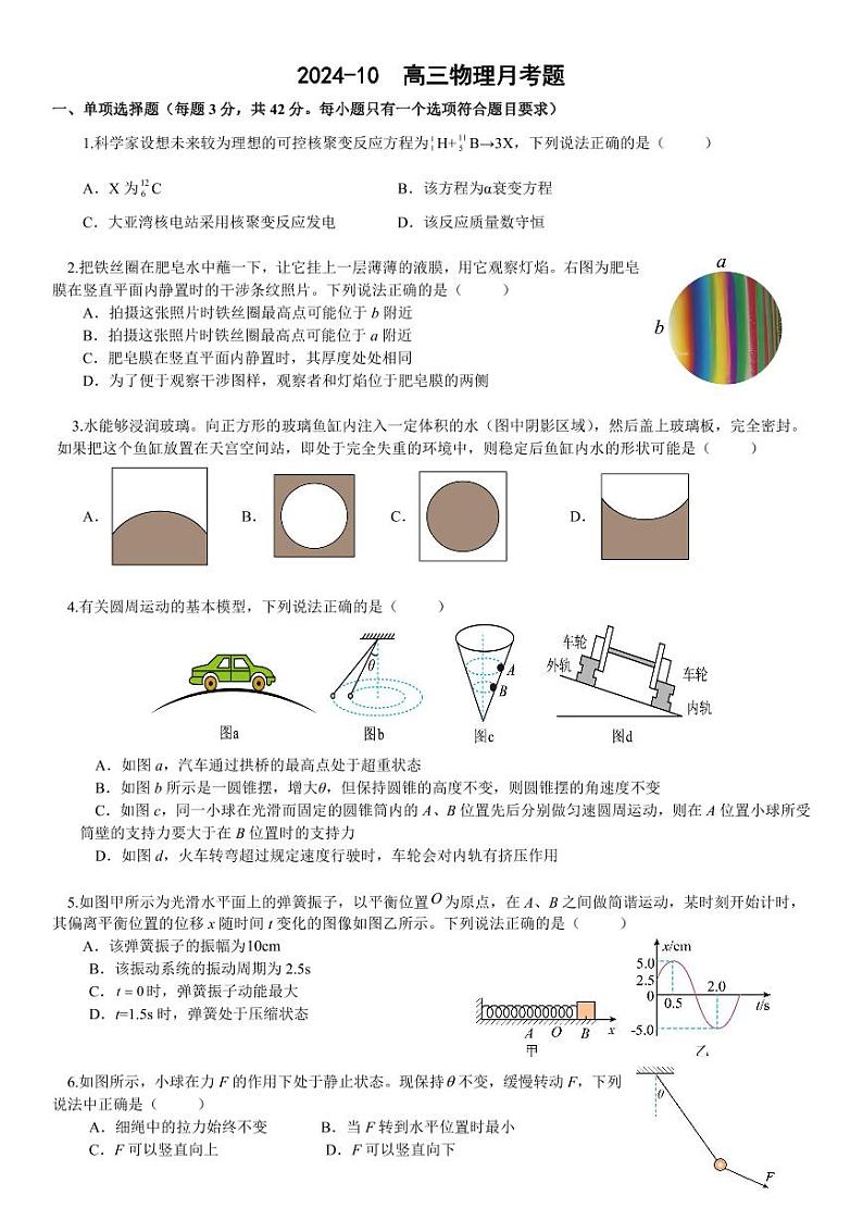北京市通州区潞河中学2024-2025学年高三上学期10月月考物理试卷第1页