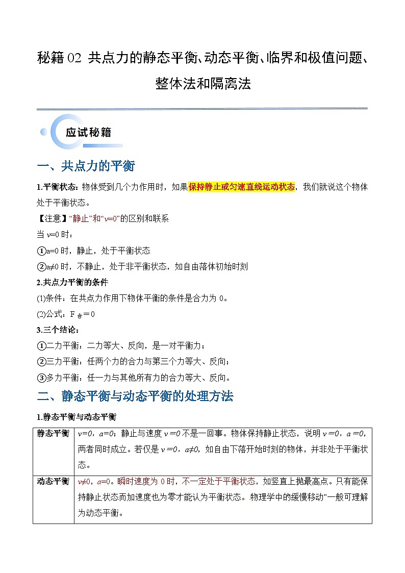 秘籍02 共点力的静态平衡、动态平衡、临界和极值问题、整体法和隔离法-备战2024年高考物理抢分秘籍（教师版）第1页