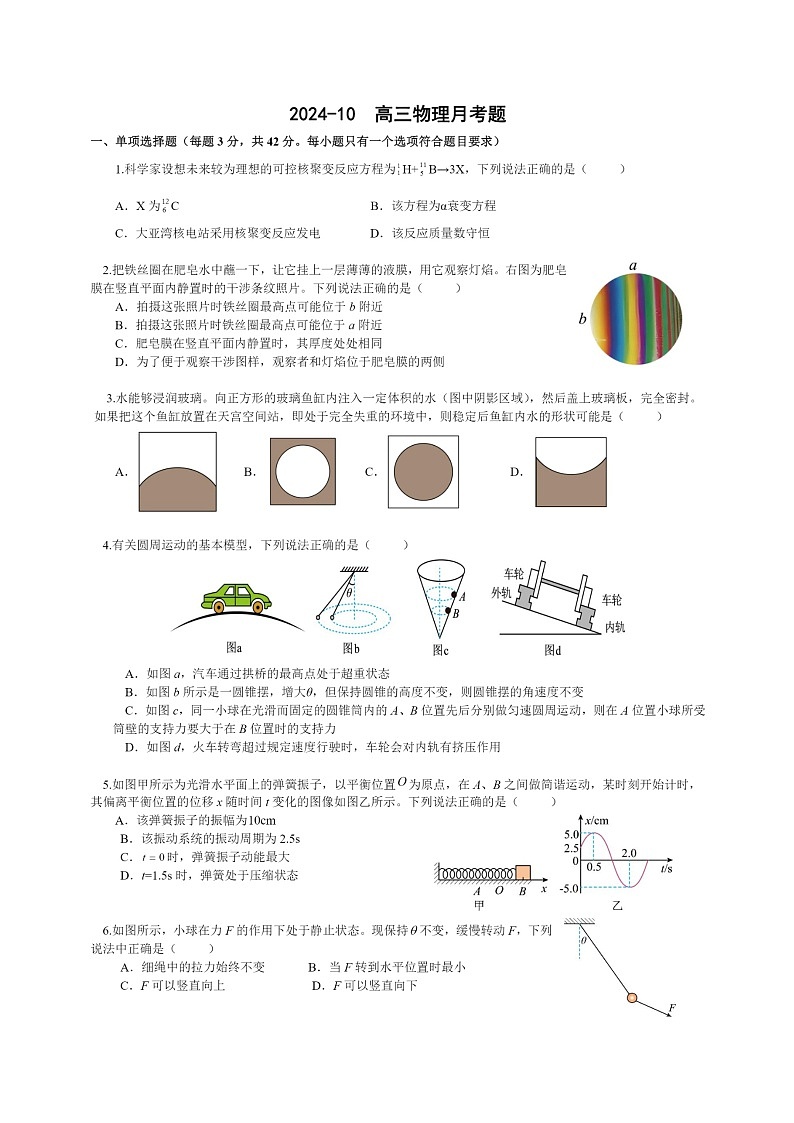 [物理]2024北京通州潞河中学高三上学期10月月考试卷第1页