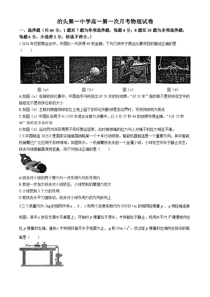 河北省沧州市泊头市第一中学2024-2025学年高一上学期10月月考物理试题(无答案)01