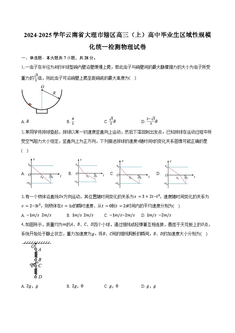 2024-2025学年云南省大理市辖区高三（上）高中毕业生区域性规模化统一检测物理试卷（含解析）第1页