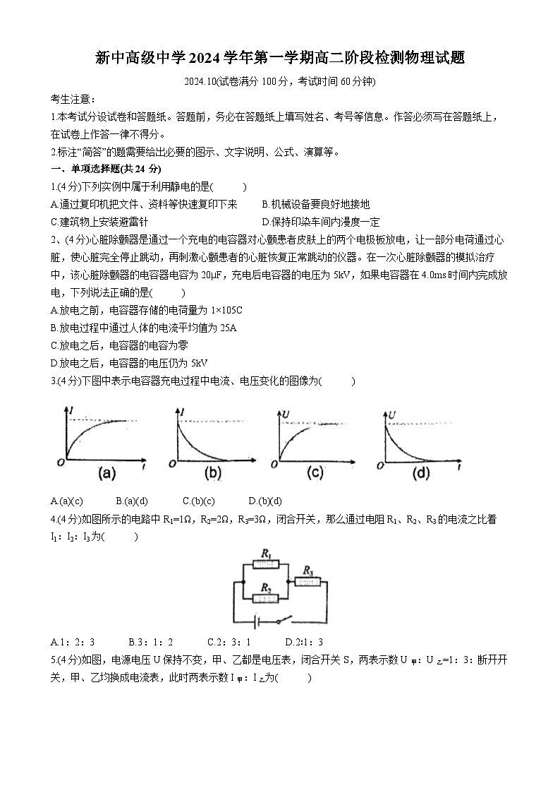 上海市新中高级中学2024-2025学年高二上学期10月月考物理试卷(无答案)第1页