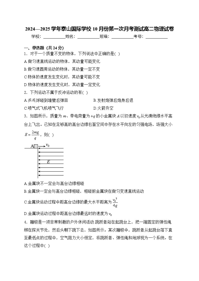 2024—2025学年泰山国际学校10月份第一次月考测试高二物理试卷第1页