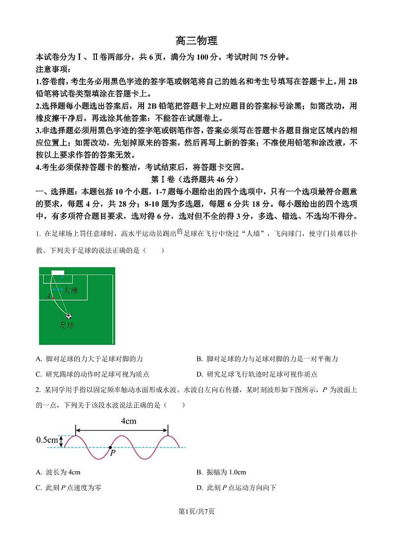 广东省深圳市东莞佛山部分学校2024-2025学年高三上学期10月大联考物理试题（原卷版）第1页