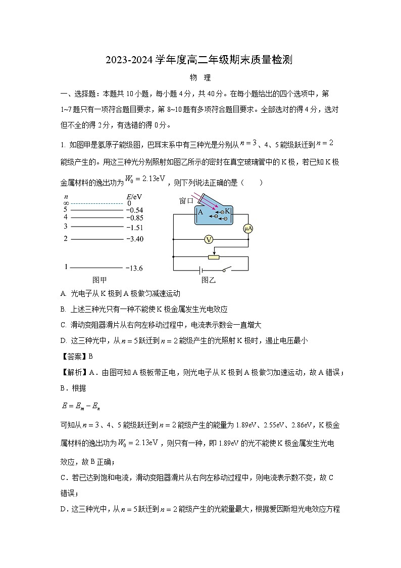 [物理][期末]湖北省武汉市武昌区2023-2024学年高二下学期期末质量检测试卷(解析版)第1页