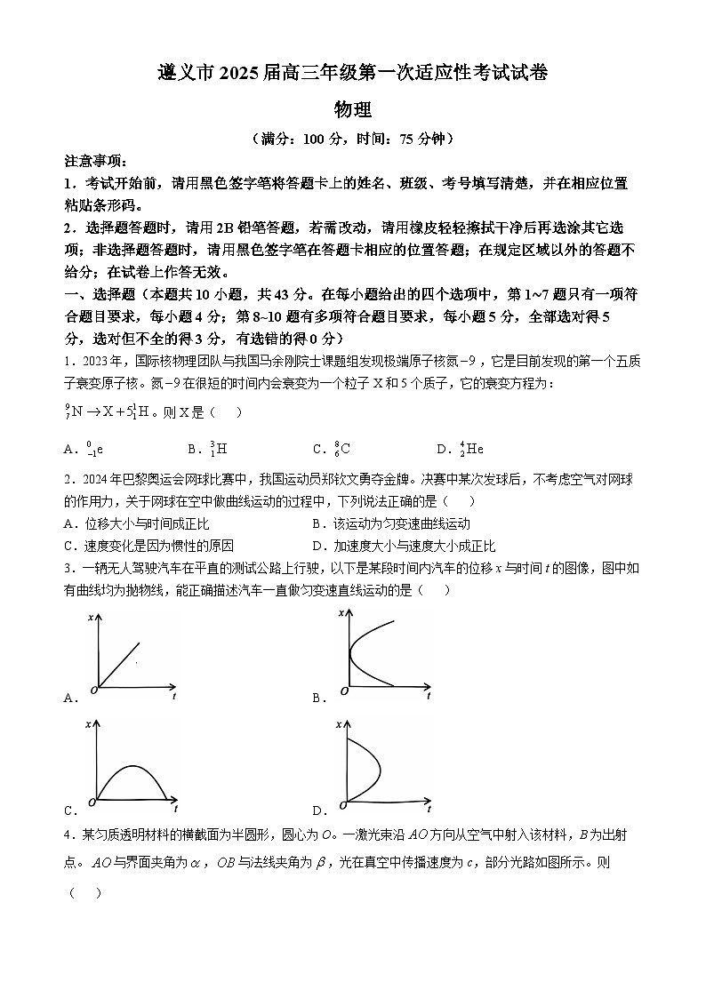 2025届贵州省遵义市高三上学期一模物理试题(无答案)第1页