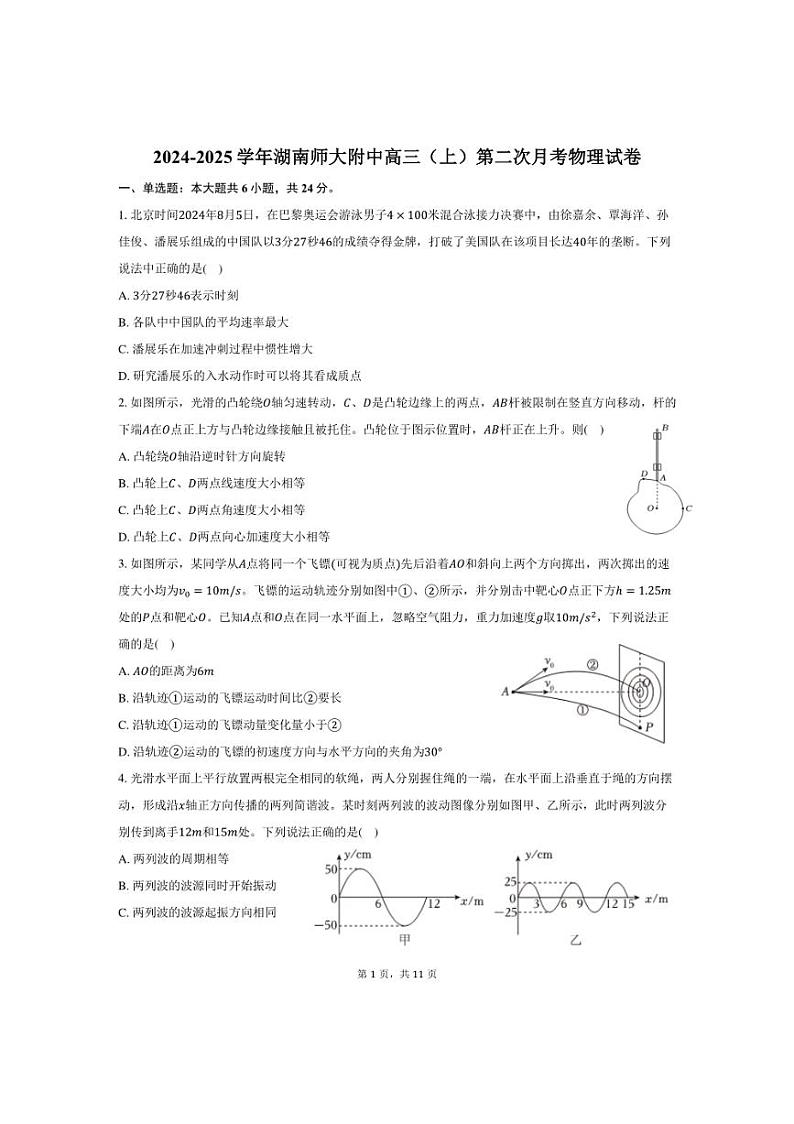 [物理]2024～2025学年湖南师大附中高三(上)第二次月考试卷(有答案)第1页