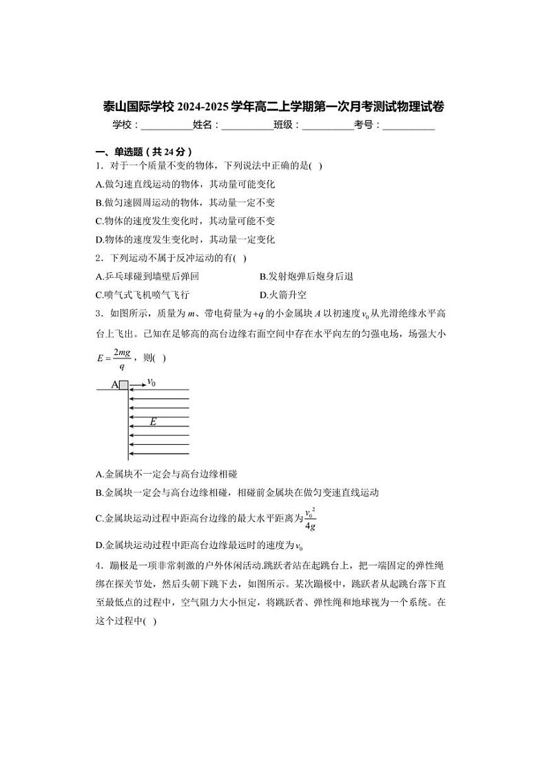 [物理]山东省泰安市泰山国际学校2024～2025学年高二上学期第一次月考测试试卷(有答案)第1页