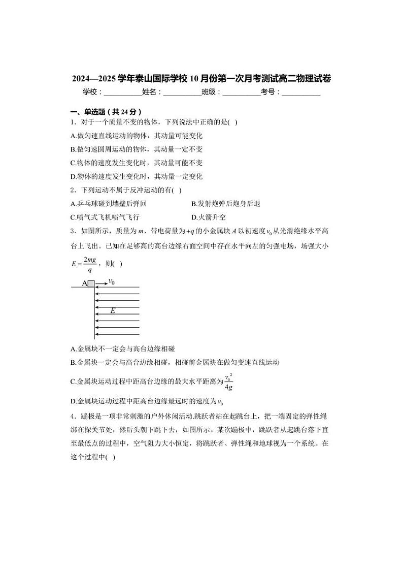 [物理]山东省泰安市泰山国际学校2024～2025学年高二上学期第一次月考测试试卷(有解析)第1页