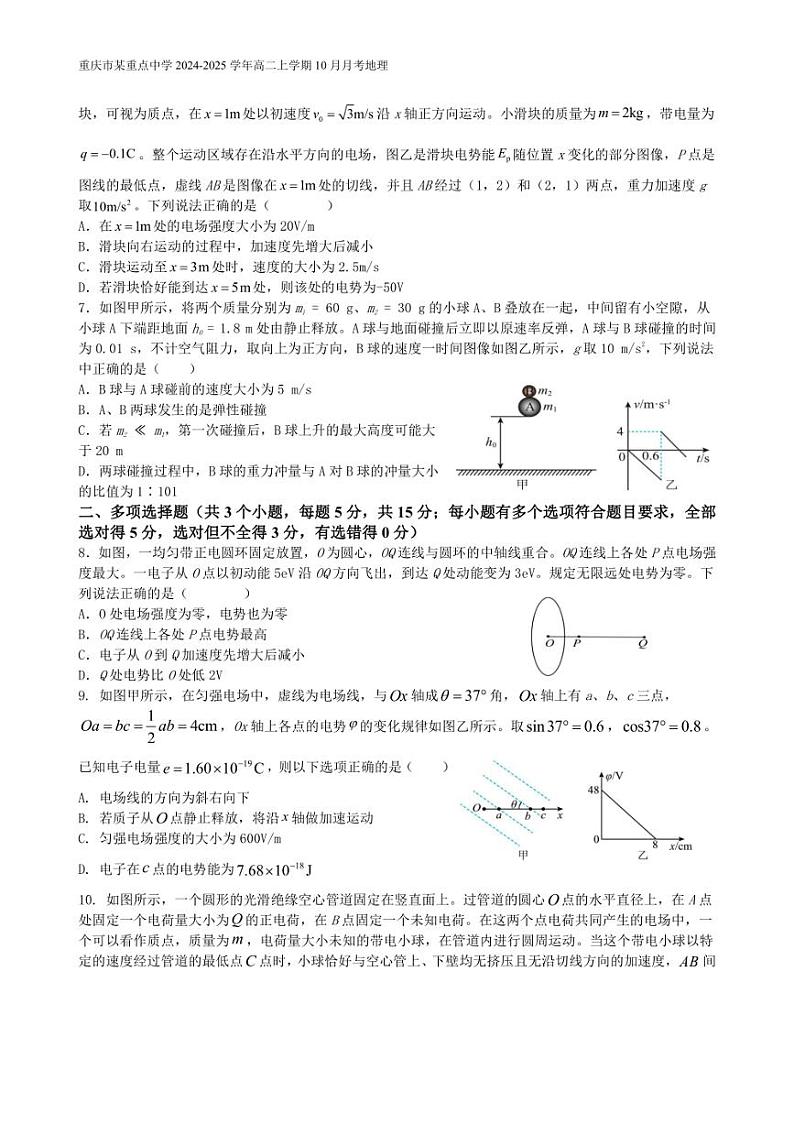 [物理]重庆市某重点中学2024～2025学年高二上学期10月月考试题(有解析)02
