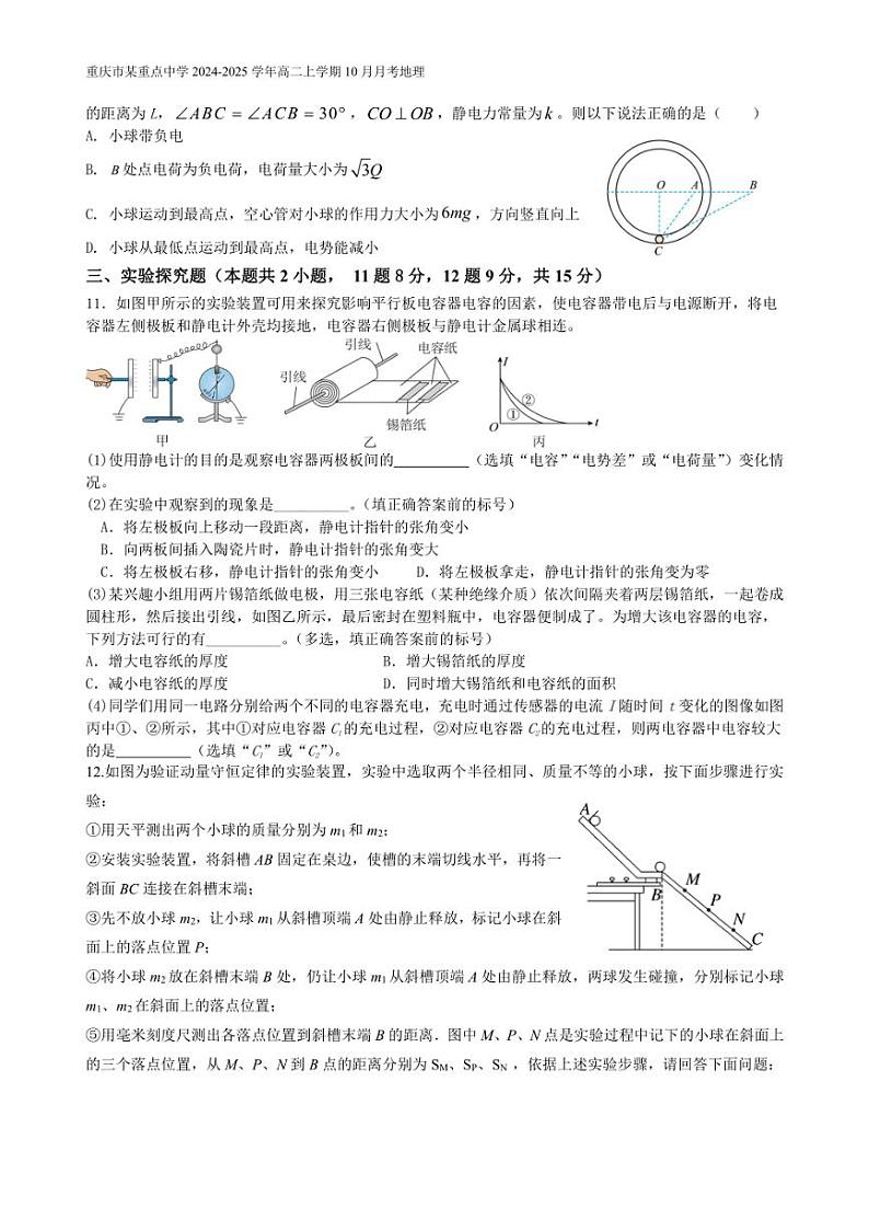[物理]重庆市某重点中学2024～2025学年高二上学期10月月考试题(有解析)03