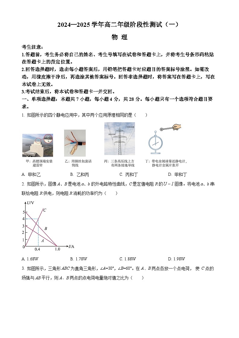 河南省部分学校2024-2025学年高二上学期10月月考物理试题Word版附解析第1页