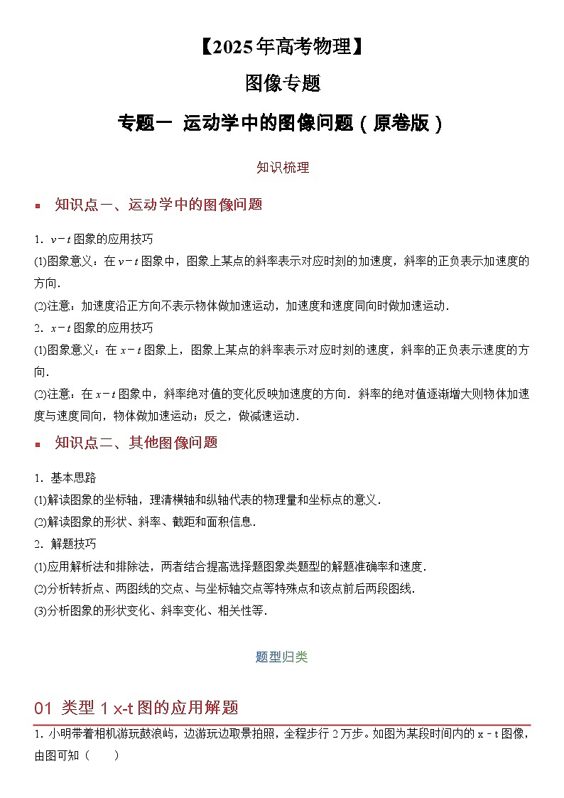 2025年高考物理：图像专题 专题01运动学中的图像问题（共15种图像类型）-学案原卷版第1页