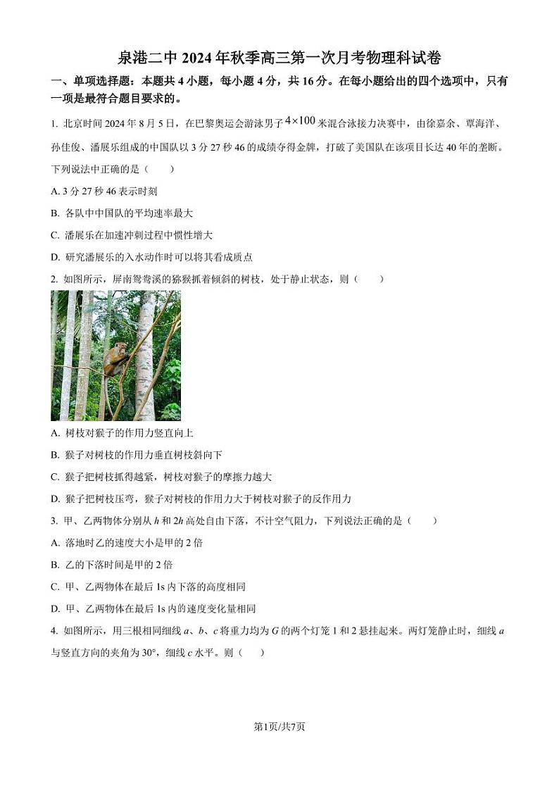 泉州市四校联考2024-2025学年高三上学期10月月考物理试题（原卷版）第1页