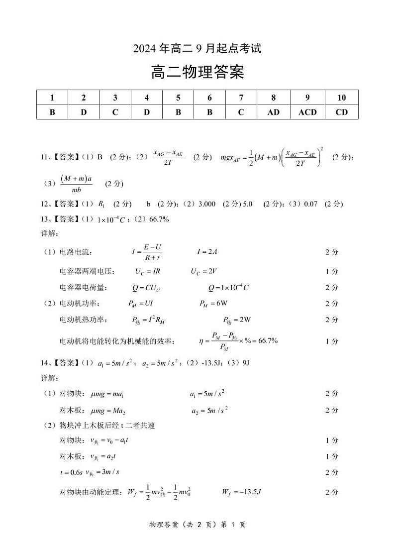 湖北省新高考联考协作体2024年高二9月起点考试试卷物理答案第1页