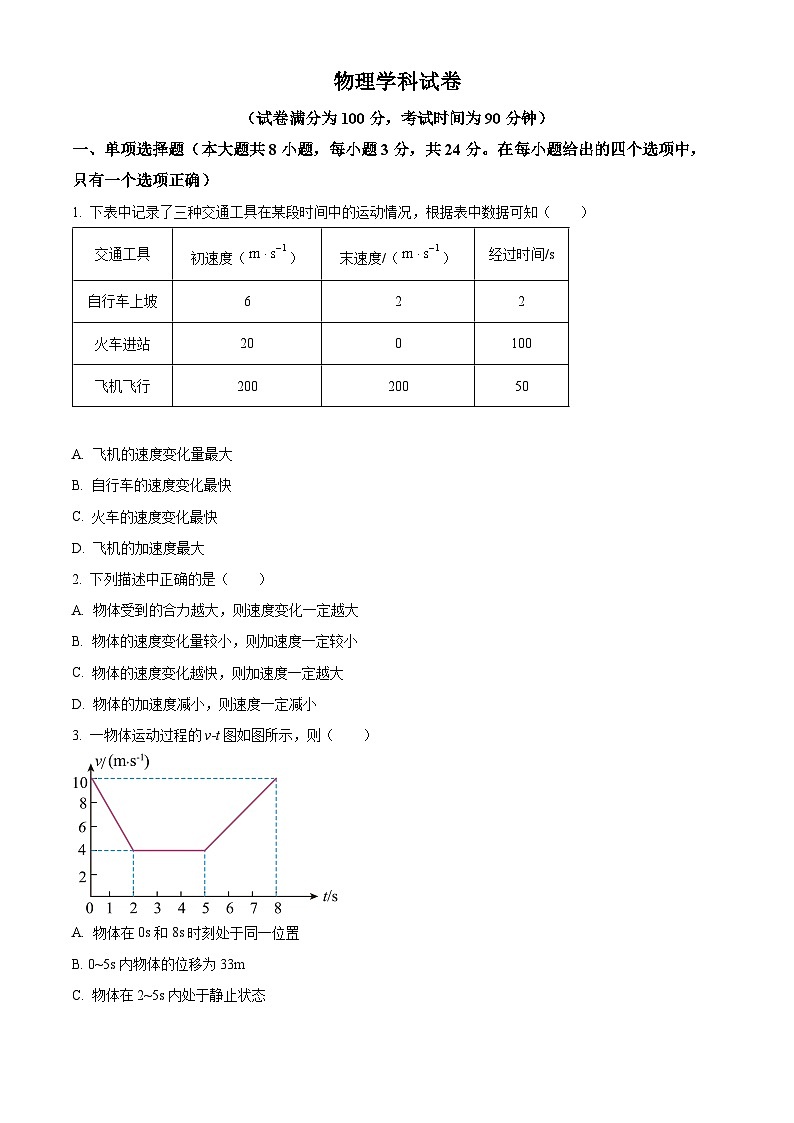 北京市第四中学2024-2025学年高三上学期10月月考物理试题 Word版无答案第1页