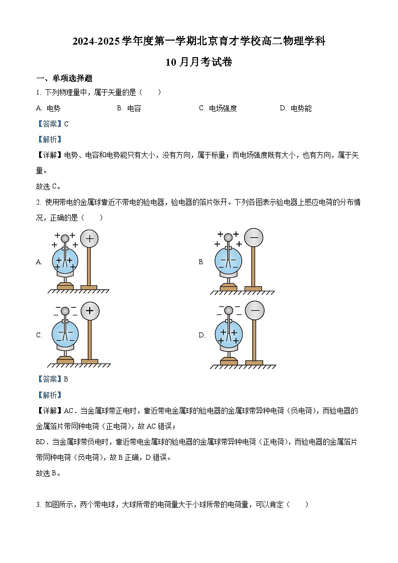 北京市育才学校2024-2025学年高二上学期10月月考物理试卷（Word版附解析）01