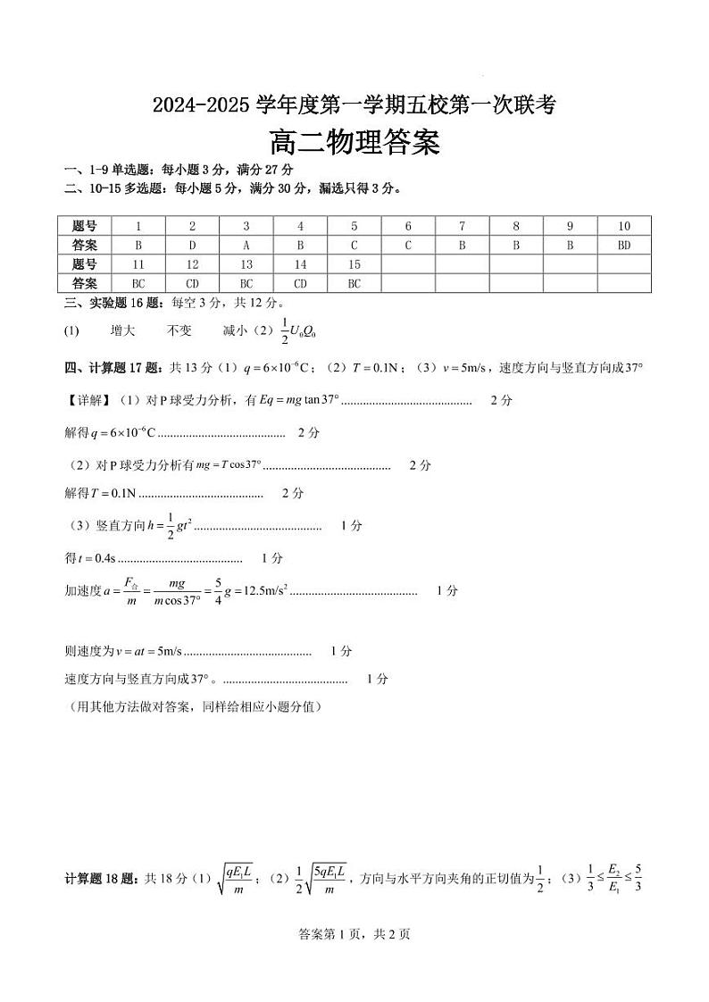 东莞五校联考2024年高二上学期10月月考物理试题+答案01