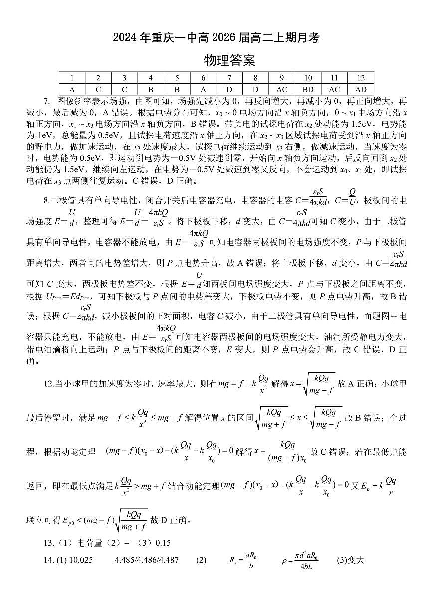 24年一中高二上期月考物理答案第1页