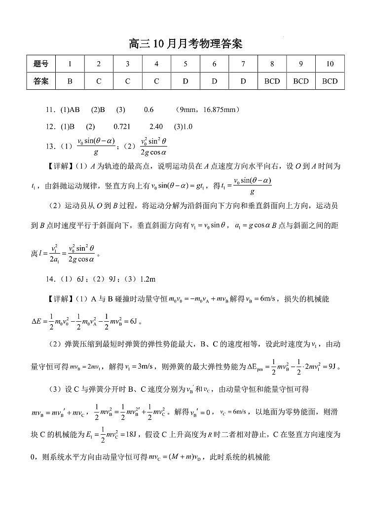 2025届湖北沙市中学高三10月月考物理答案第1页
