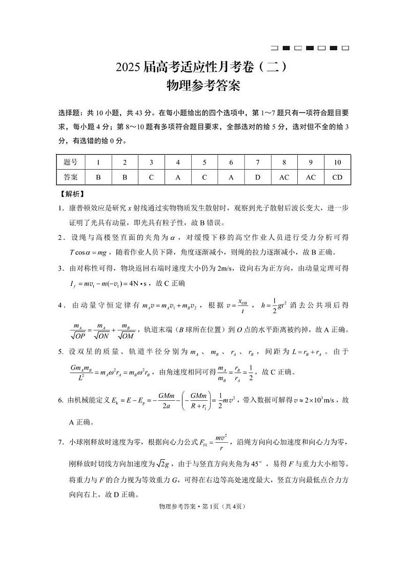 贵州省贵阳市第一中学2025届高三上学期高考适应性月考（二）物理01