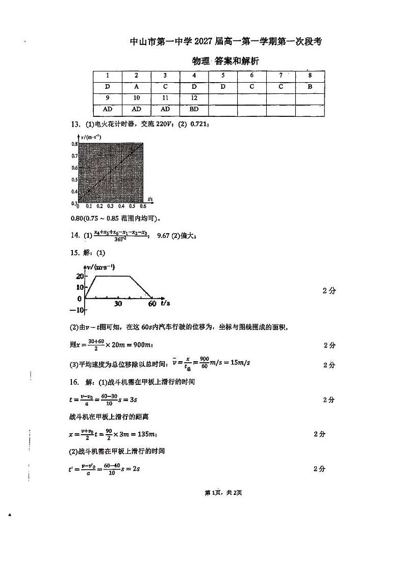广东中山一中2024年高一上学期期中物理答案第1页