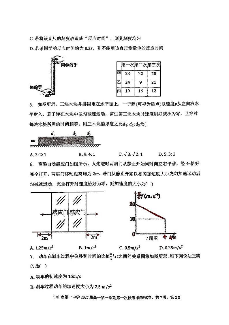 中山一中2027届高一物理第一次段考试题第2页
