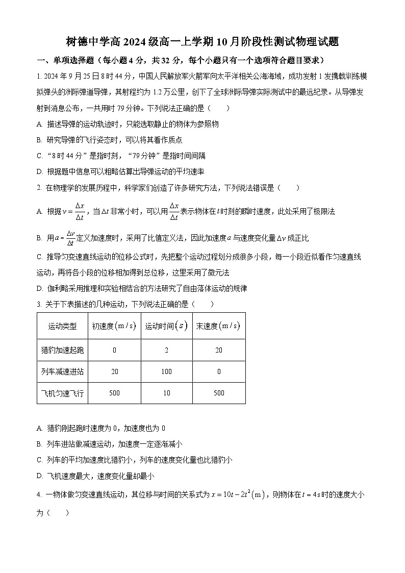 四川省成都市树德中学2024-2025学年高一上学期10月月考物理试题 Word版无答案第1页