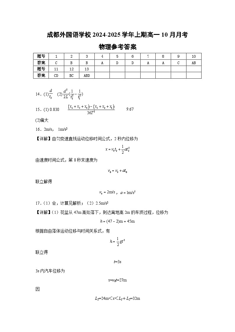 四川省成都市外国语学校2024-2025学年高一上学期10月月考物理试卷（PDF版附答案）01