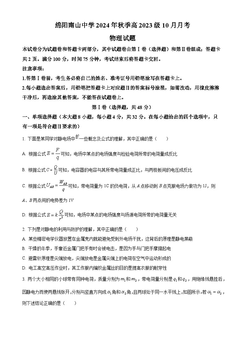 四川省绵阳市南山中学2024-2025学年高二上学期10月月考物理试卷（Word版附解析）01
