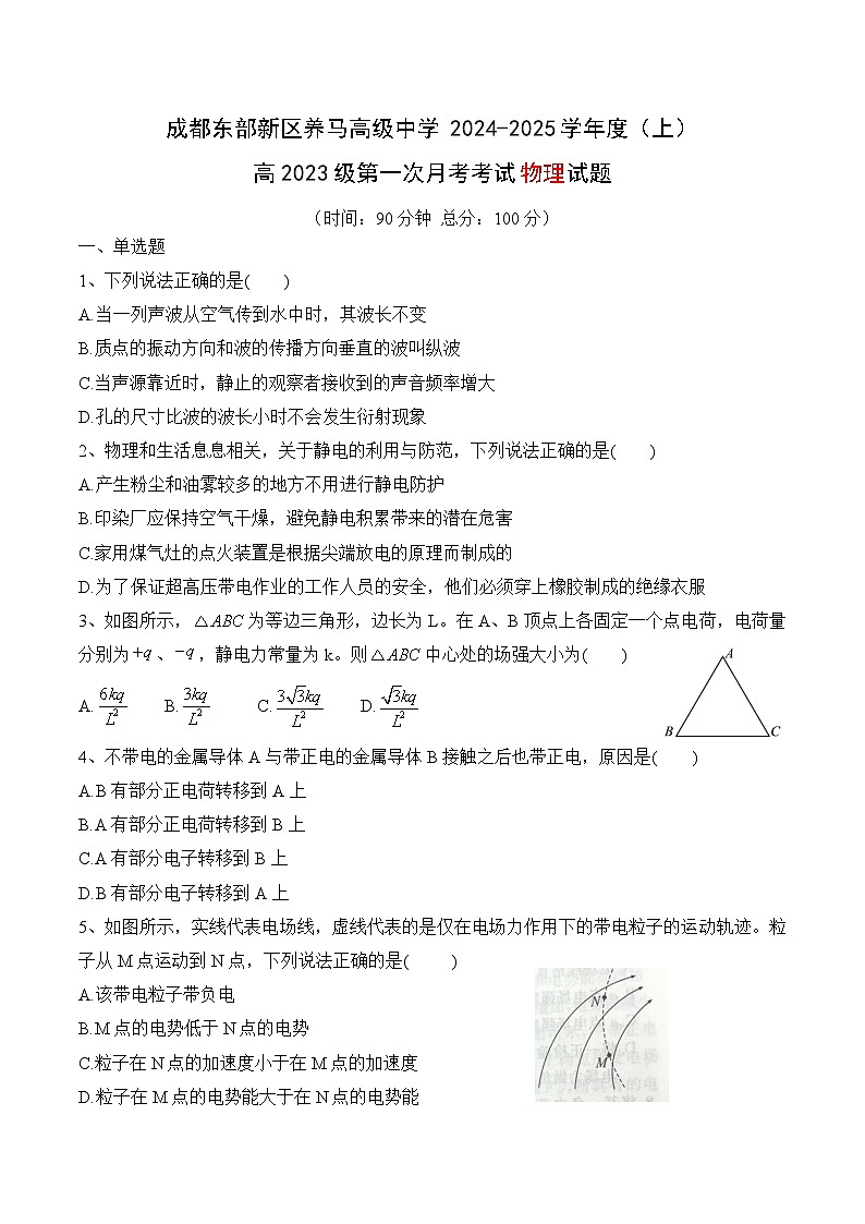 四川省成都东部新区养马高级中学2024-2025学年高二上学期10月月考物理试题第1页