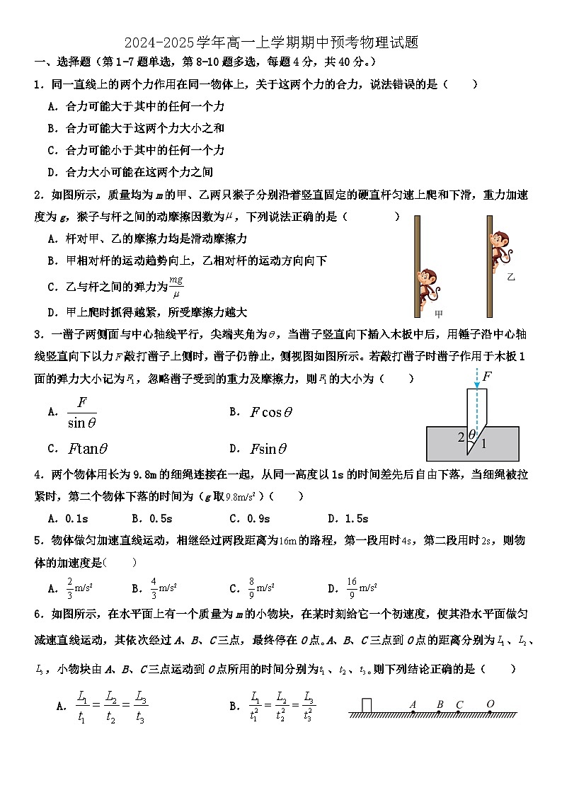 河南省平顶山市叶县高级中学2024-2025学年高一上学期期中物理预考试卷第1页