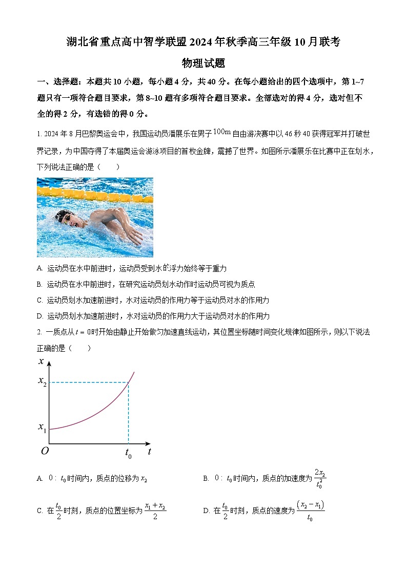 湖北省重点高中智学联盟2024-2025学年高三上学期10月联考物理试题 Word版无答案第1页