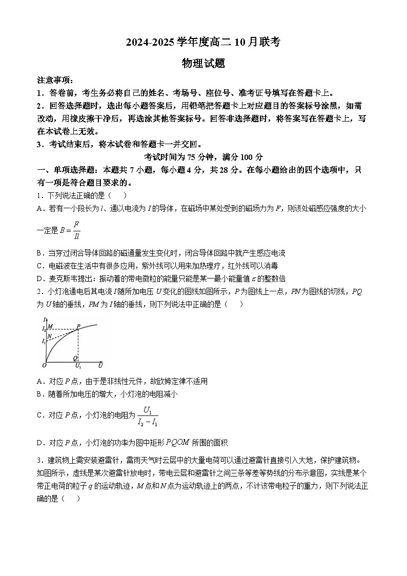 河南省百师联盟联考2024-2025学年高二上学期10月月考物理试题(无答案)第1页