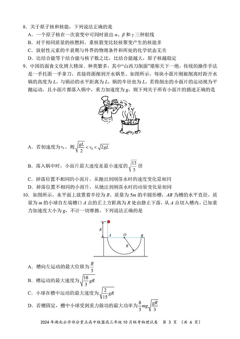 2024年湖北云学部分重点高中联盟高三年级10月联考物理试题第3页