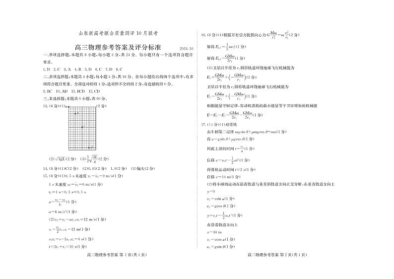 山东新高考联合质量测评高三10月联考试题 物理答案第1页