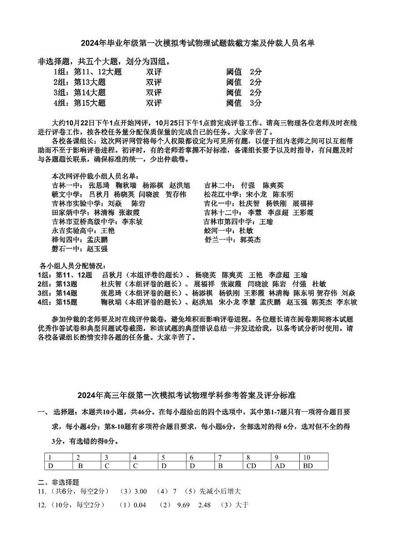 2024一模考试物理参考答案及评分标准第1页