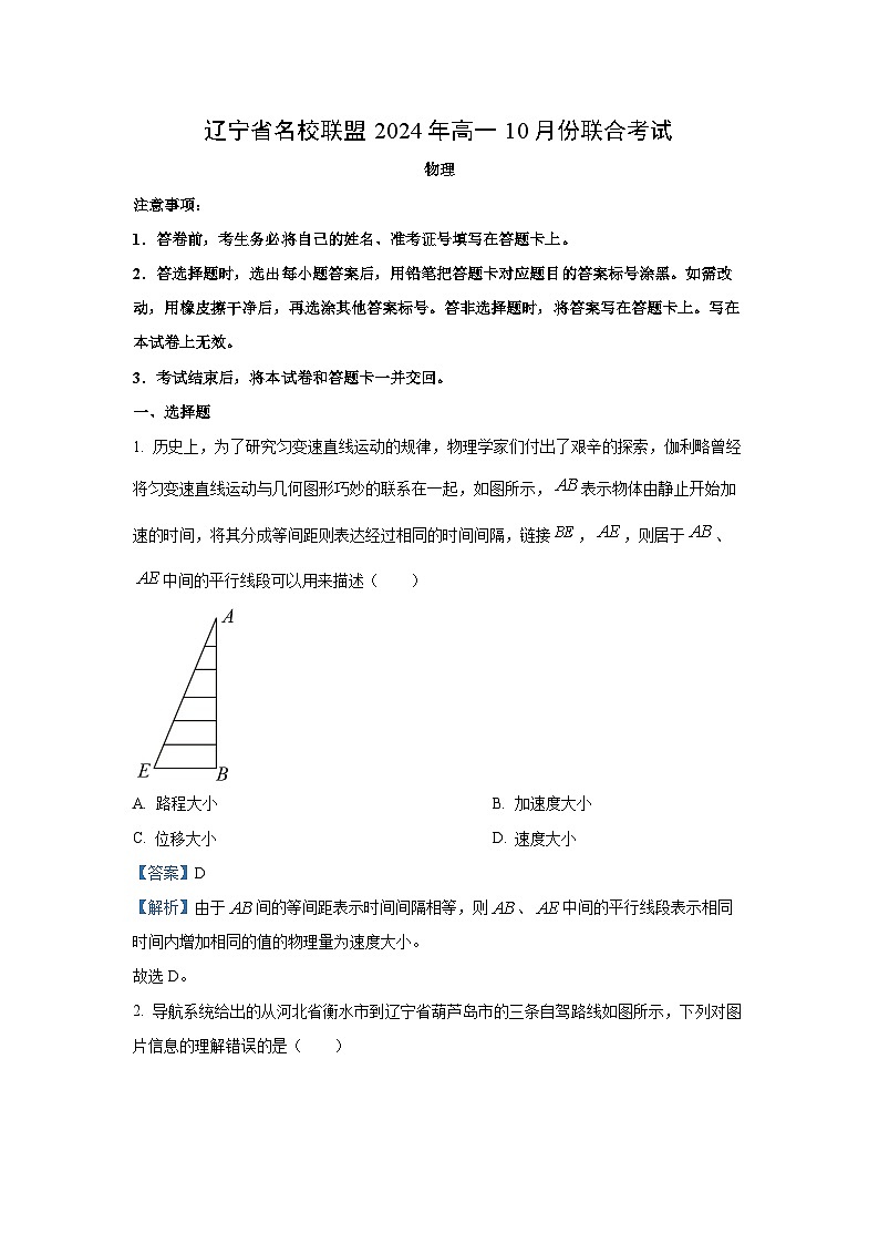 辽宁省名校联盟2024-2025学年高一上学期10月联合考试物理试卷（解析版）第1页
