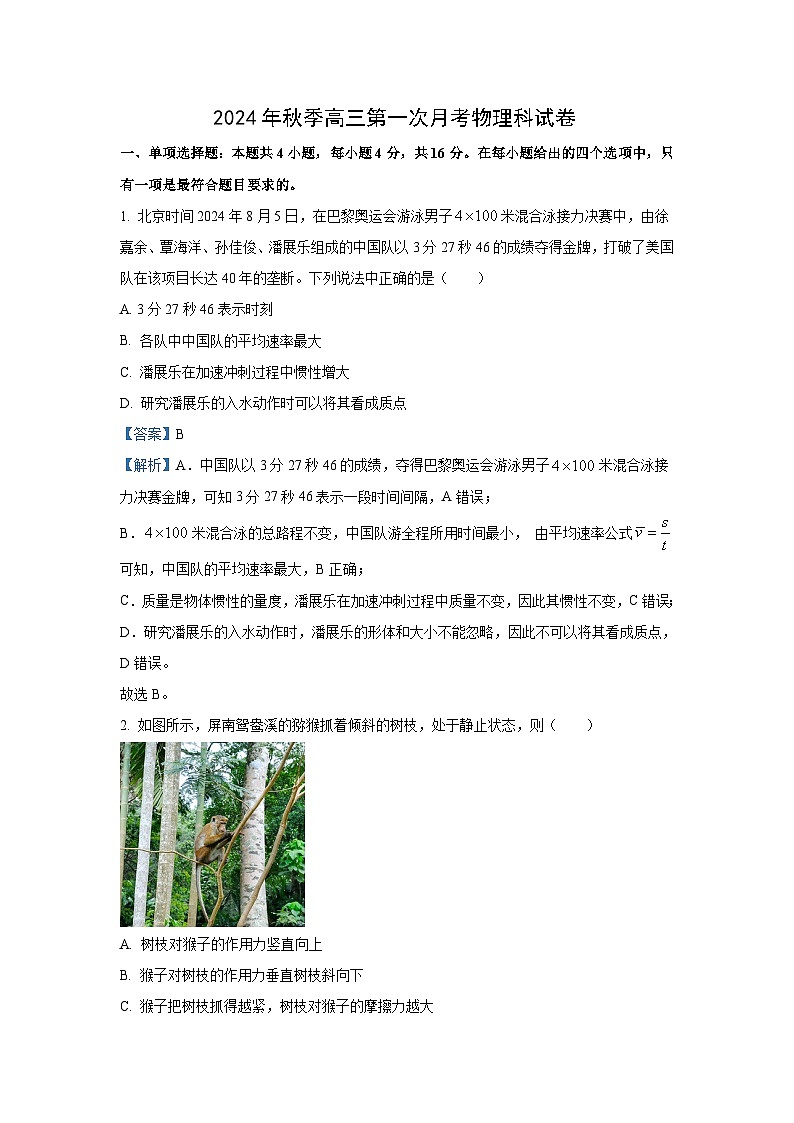福建省泉州市四校联考2024-2025学年高三上学期10月月考物理试题（解析版）第1页