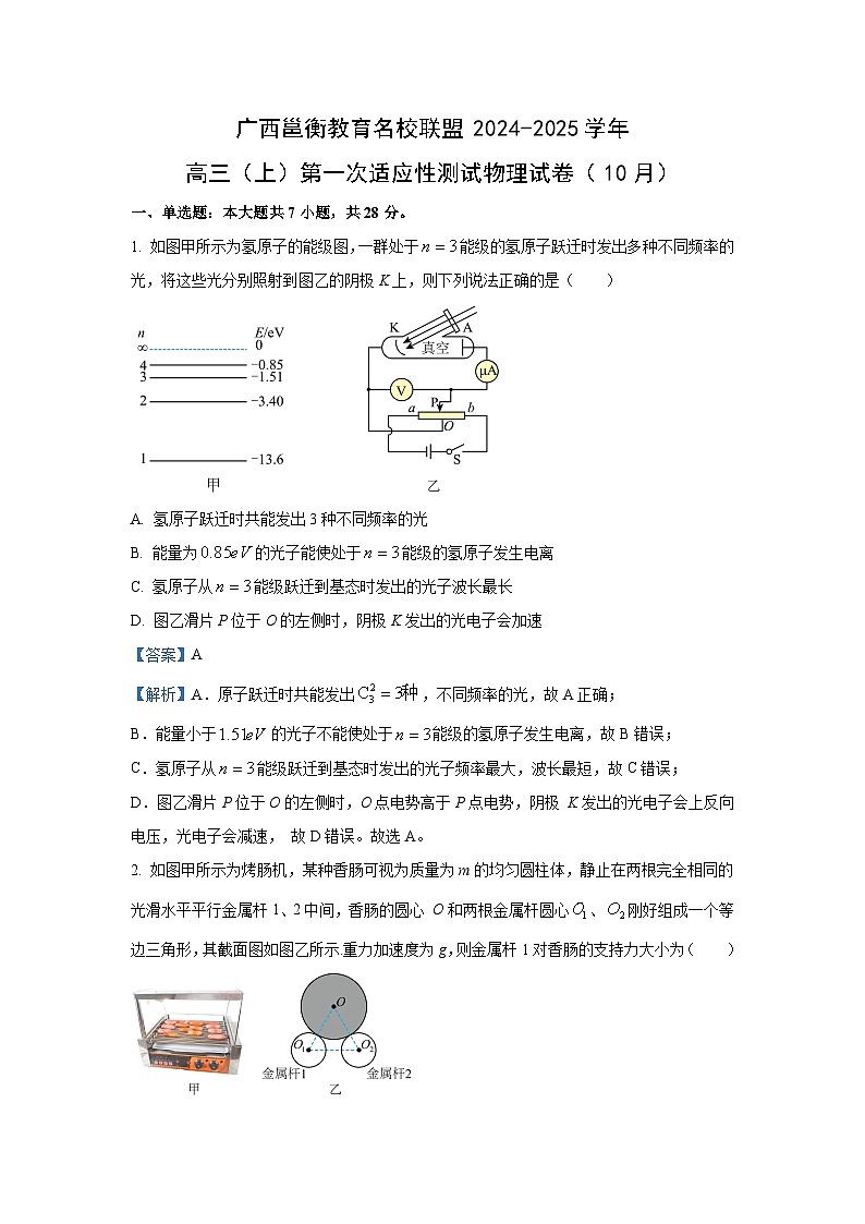 广西邕衡教育名校联盟2024-2025学年高三上学期10月第一次适应性测试物理试卷（解析版）第1页