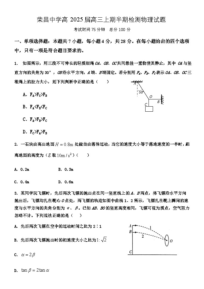 荣昌中学高2025届高三上期半期检测物理试题第1页