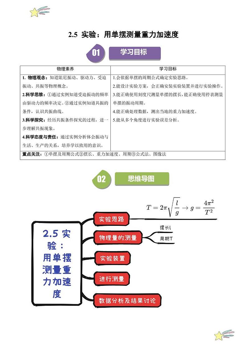 2.5 实验：用单摆测量重力加速度（教师版） 2024-2025学年高二物理同步学与练（ 人教版2019选择性必修第一册）第1页