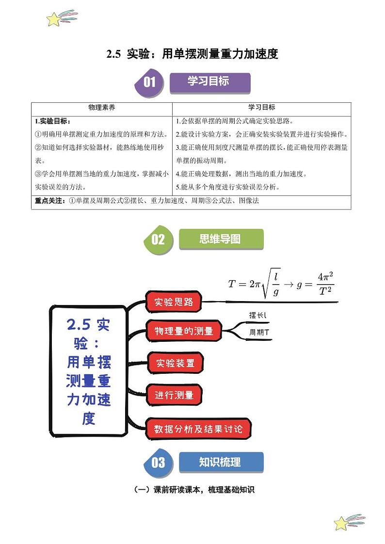 2.5 实验：用单摆测量重力加速度（学生版） 2024-2025学年高二物理同步学与练（ 人教版2019选择性必修第一册）第1页