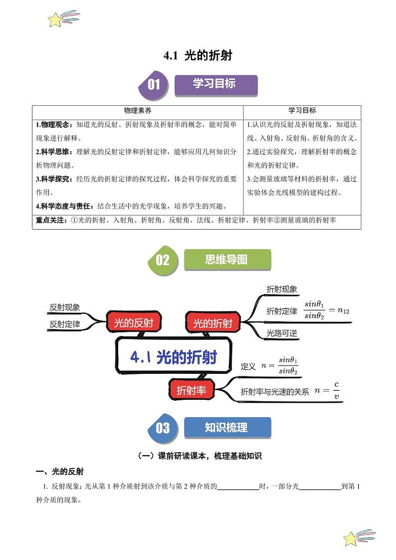 4.1 光的折射（学生版） 2024-2025学年高二物理同步学与练（ 人教版2019选择性必修第一册）第1页