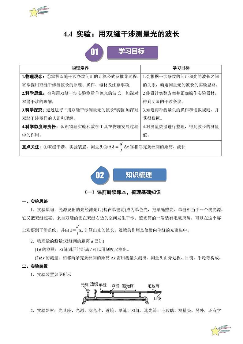 4.4 实验：用双缝干涉测量光的波长（教师版） 2024-2025学年高二物理同步学与练（ 人教版2019选择性必修第一册）第1页