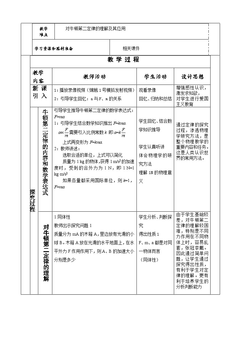 4.3 牛顿第二定律----大单元分课时教学设计第2页
