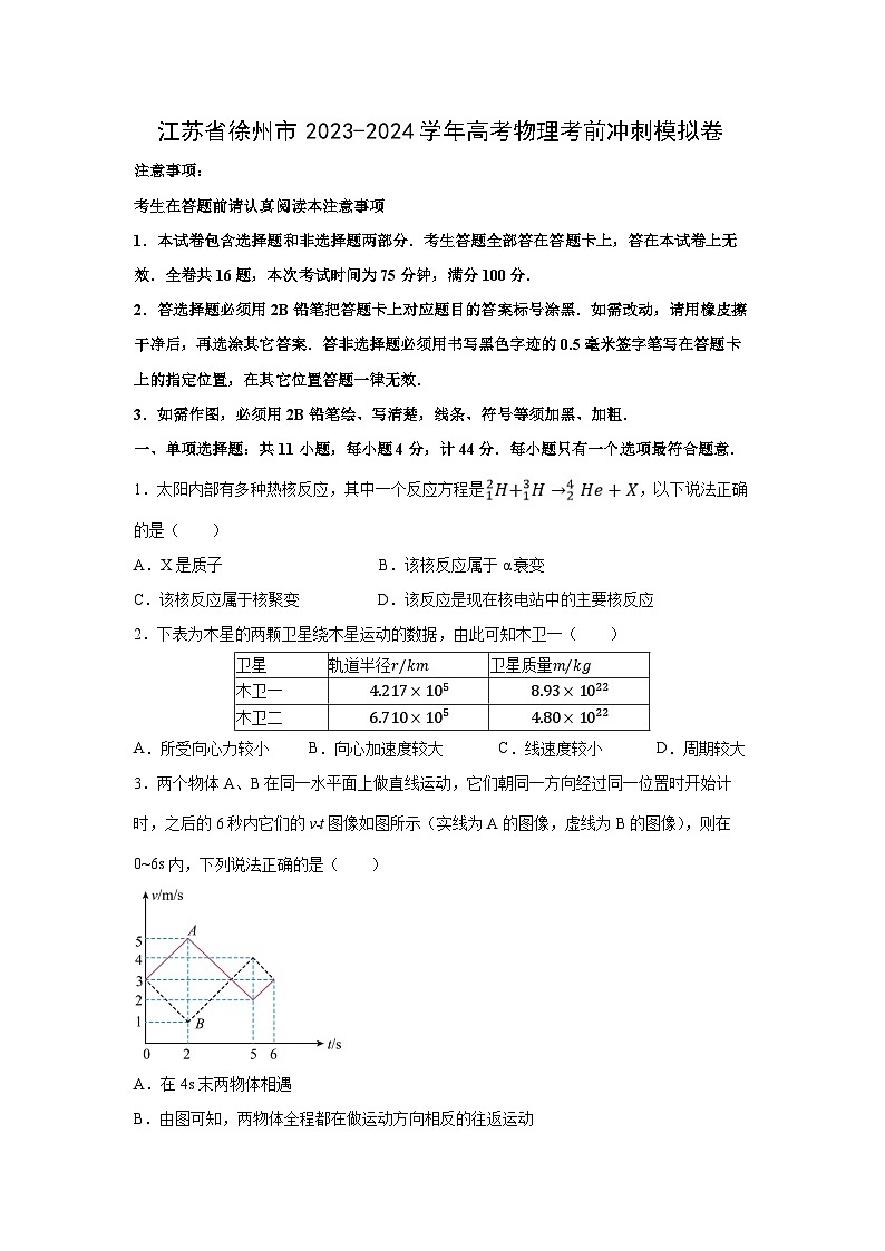 江苏省徐州市高考考前冲刺模拟卷物理试卷第1页