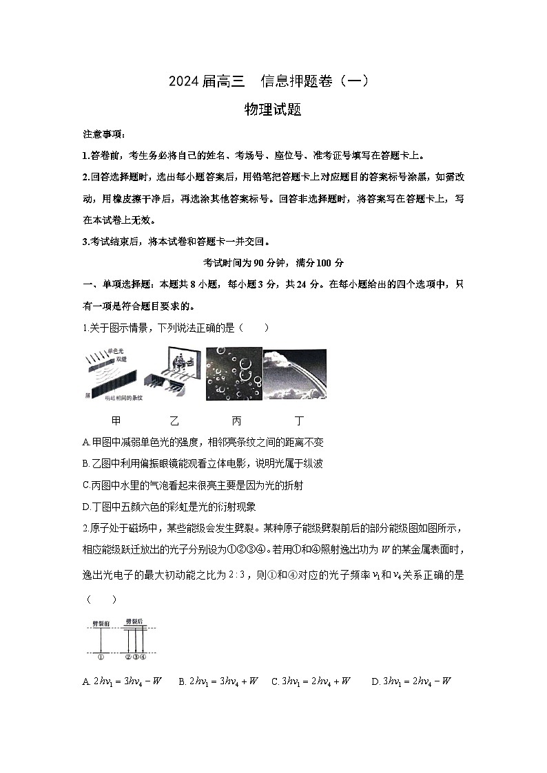 山东省菏泽市2024届高三下学期信息押题(一)物理试卷(解析版)第1页