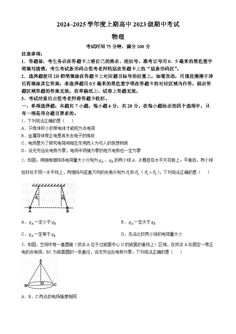 四川省成都市蓉城联盟2024-2025学年高二上学期期中考试物理试卷(无答案)第1页