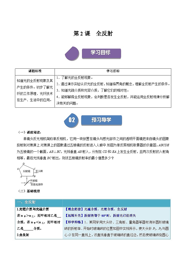 人教版高中物理选择性必修一同步讲义4.2 全反射（2份，原卷版+解析版）01